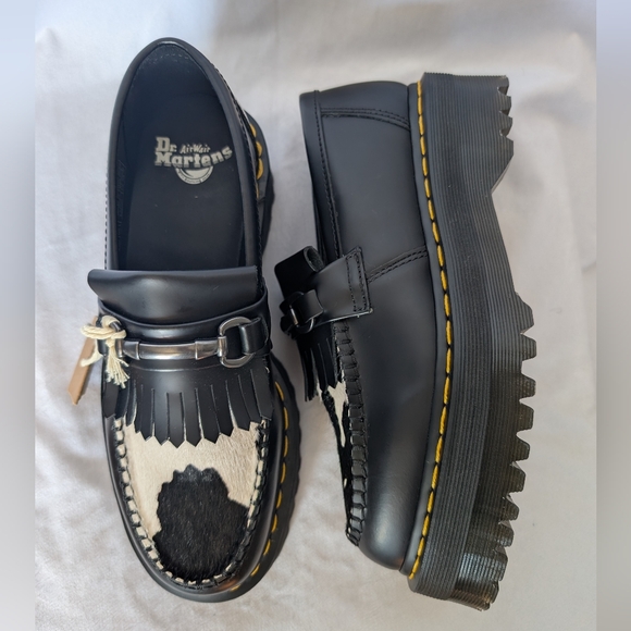 Dr. Martens Shoes - Dr. Martens Adrian Snaffle Quad Black/White Cow Print Horsebit Leather Loafers